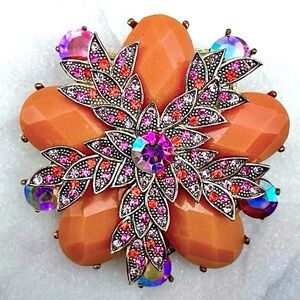Vintage Orange Lucite Rhinestone Flower Brooch AB Crystal Gold Tone Pin